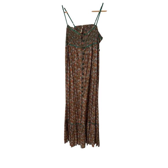 Free People Boho Maxi Floral Dress Green Button Front Medium Festival Flowy - Picture 1 of 7